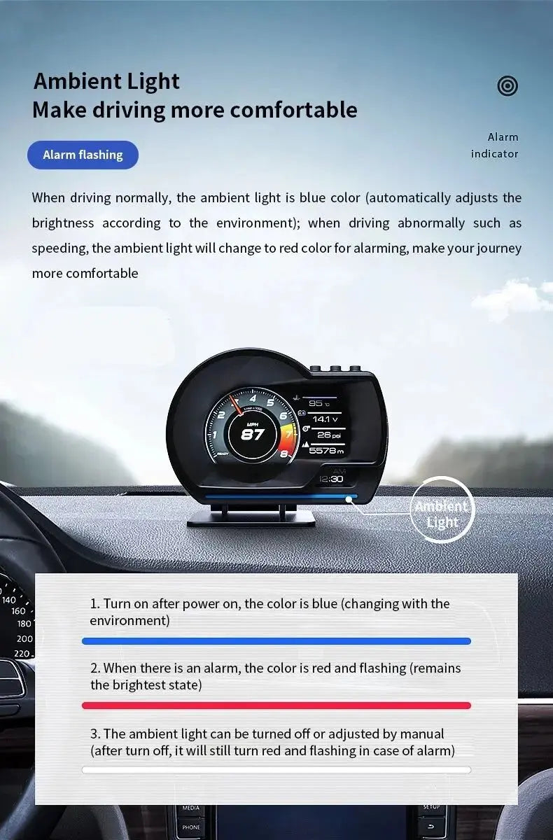 Newest A501 OBD2 Car Head Up Display HUD Smart Car Water&Oil temp Turbo RPM Gauge Digital Odometer Security Alarm Auto Meter My Store