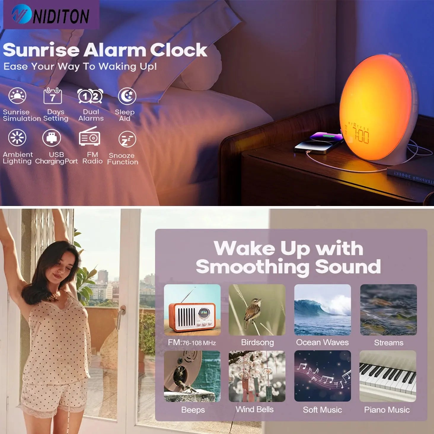 Wake Up Light Alarm Clock Sunrise/Sunset Simulation Digital Clock with Night Light FM Radio Desk Clocks Niditon My Store