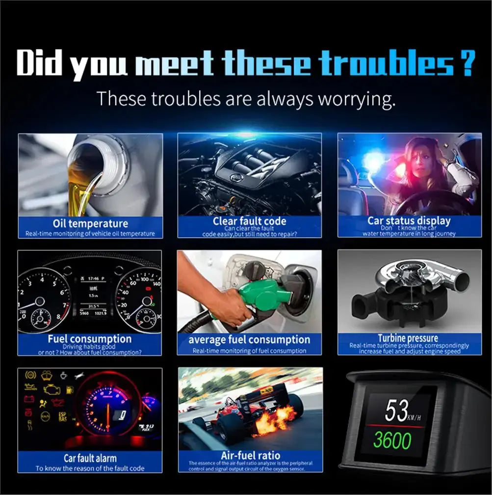 HUD P10 OBD2 Digital Car Head Up Display Speedometer Tachometer Battery Voltage Oil Pressure Coolant Temp Smart Car HUD Gauge My Store